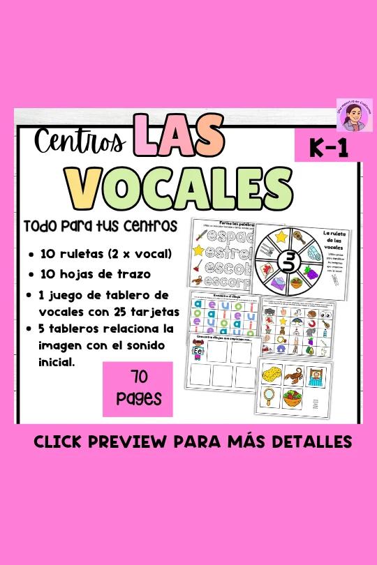 Las Vocales Centros - Spanish Vowels - Games and Activities Kinder-1st grade
