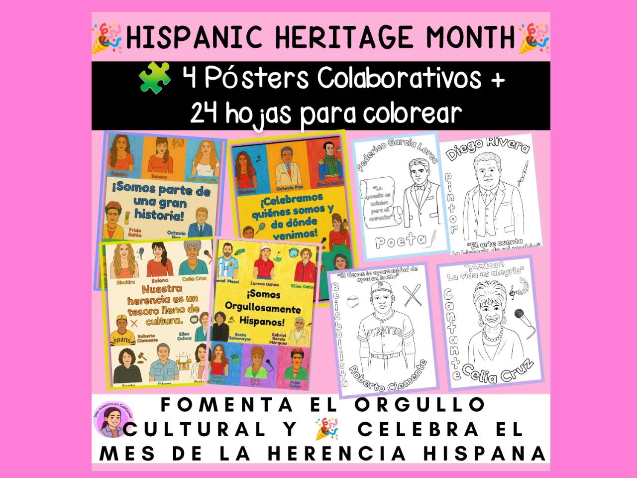 Hispanic Heritage Month Spanish Collaborative Posters + Coloring Pages Hispanic