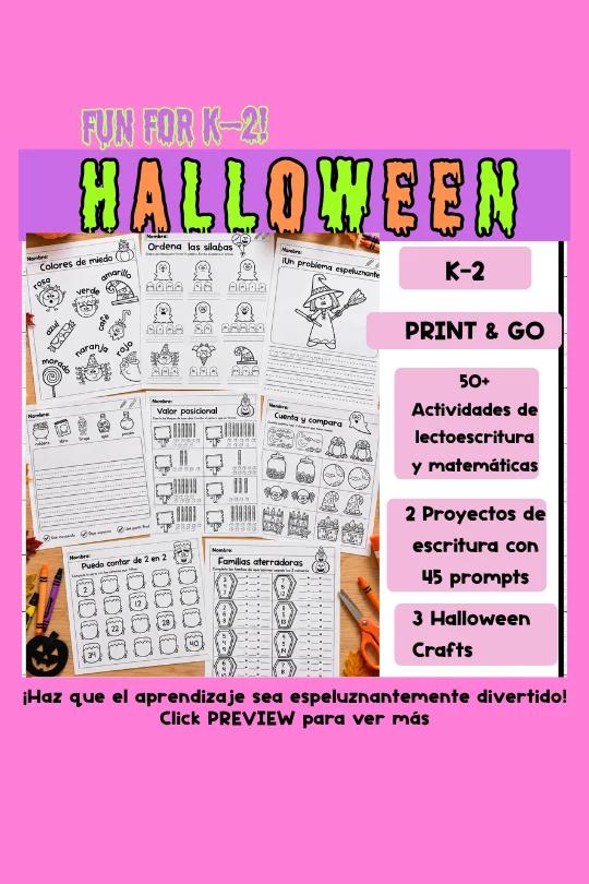 Halloween Fun Packet K–2 | Spanish Literacy, Math, Writing & Crafts