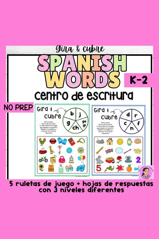 Spanish Writing Center- Roll and cover- Spanish words game K-2